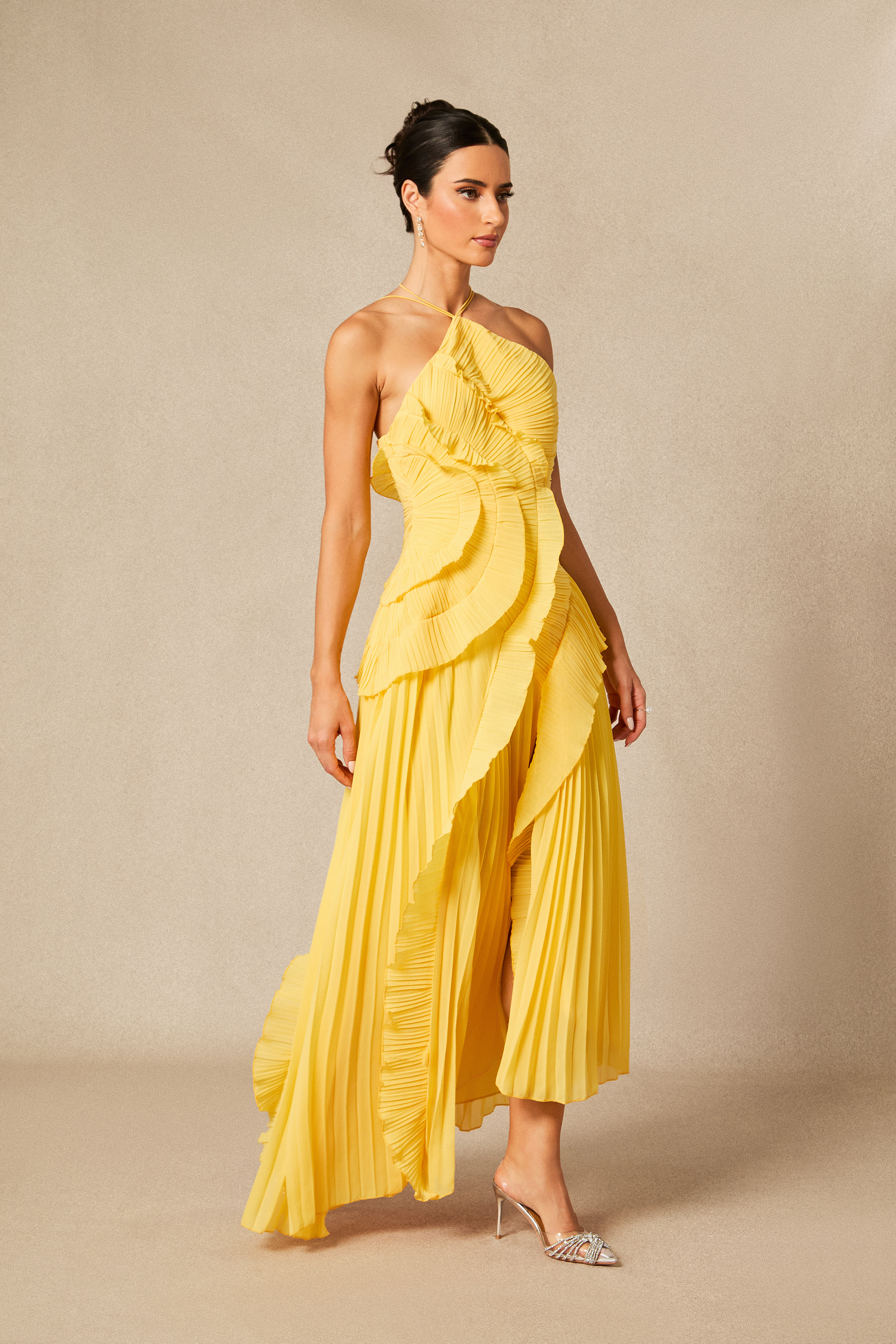 Nina Asymmetry Pleated Halterneck Midi Dress-purelyfable