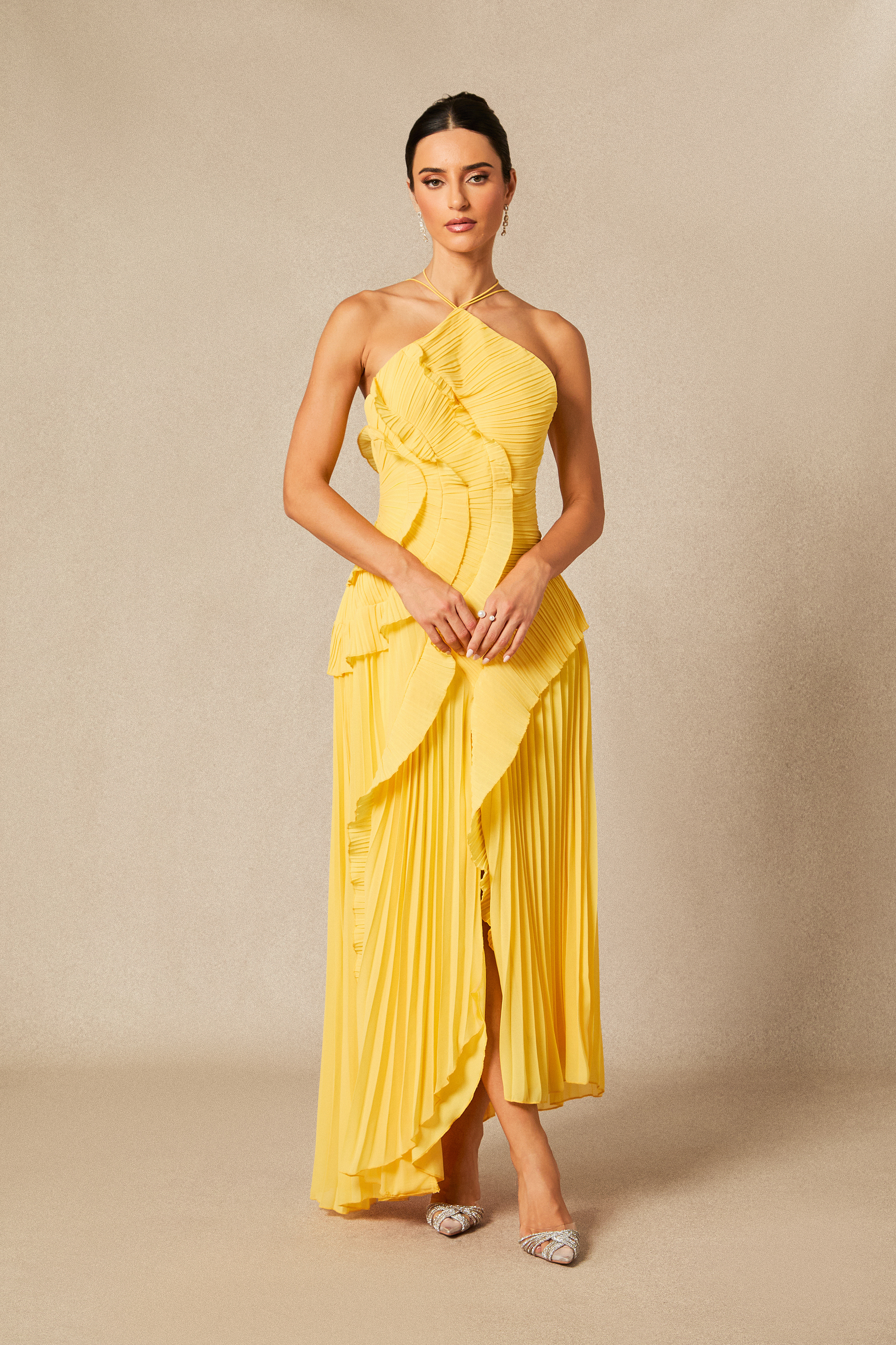 Nina Asymmetry Pleated Halterneck Midi Dress-purelyfable