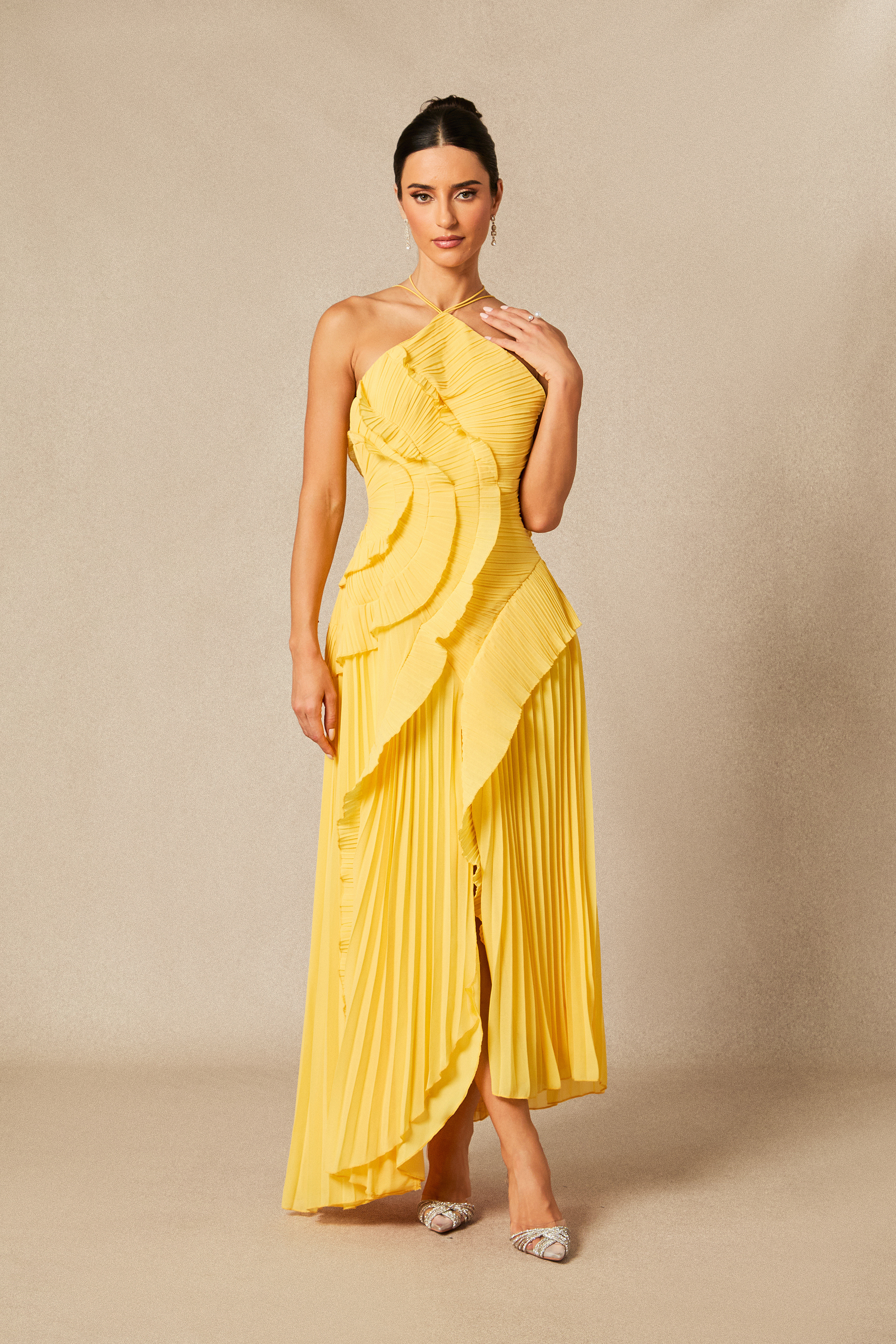 Nina Asymmetry Pleated Halterneck Midi Dress-purelyfable