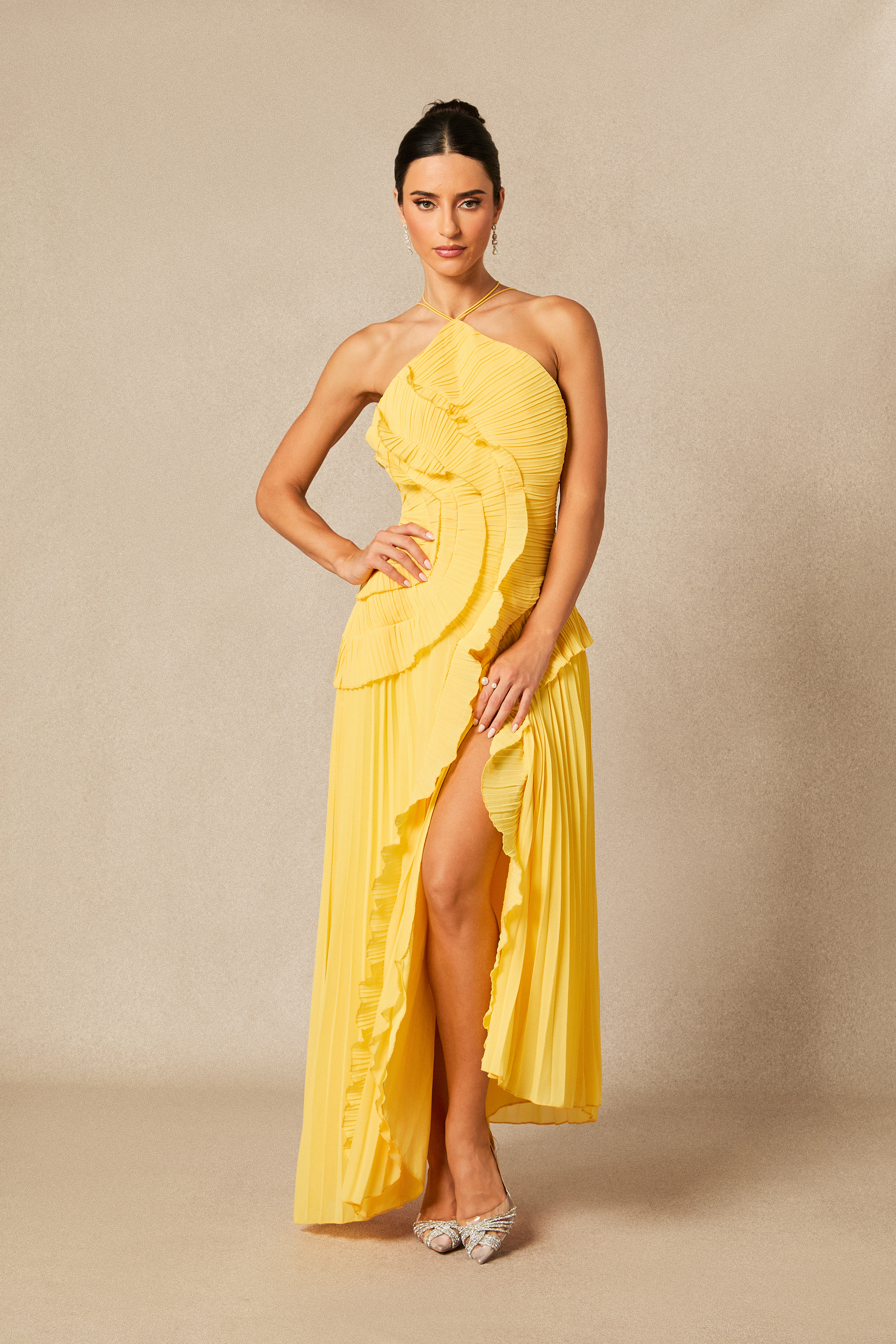 Nina Asymmetry Pleated Halterneck Midi Dress-purelyfable