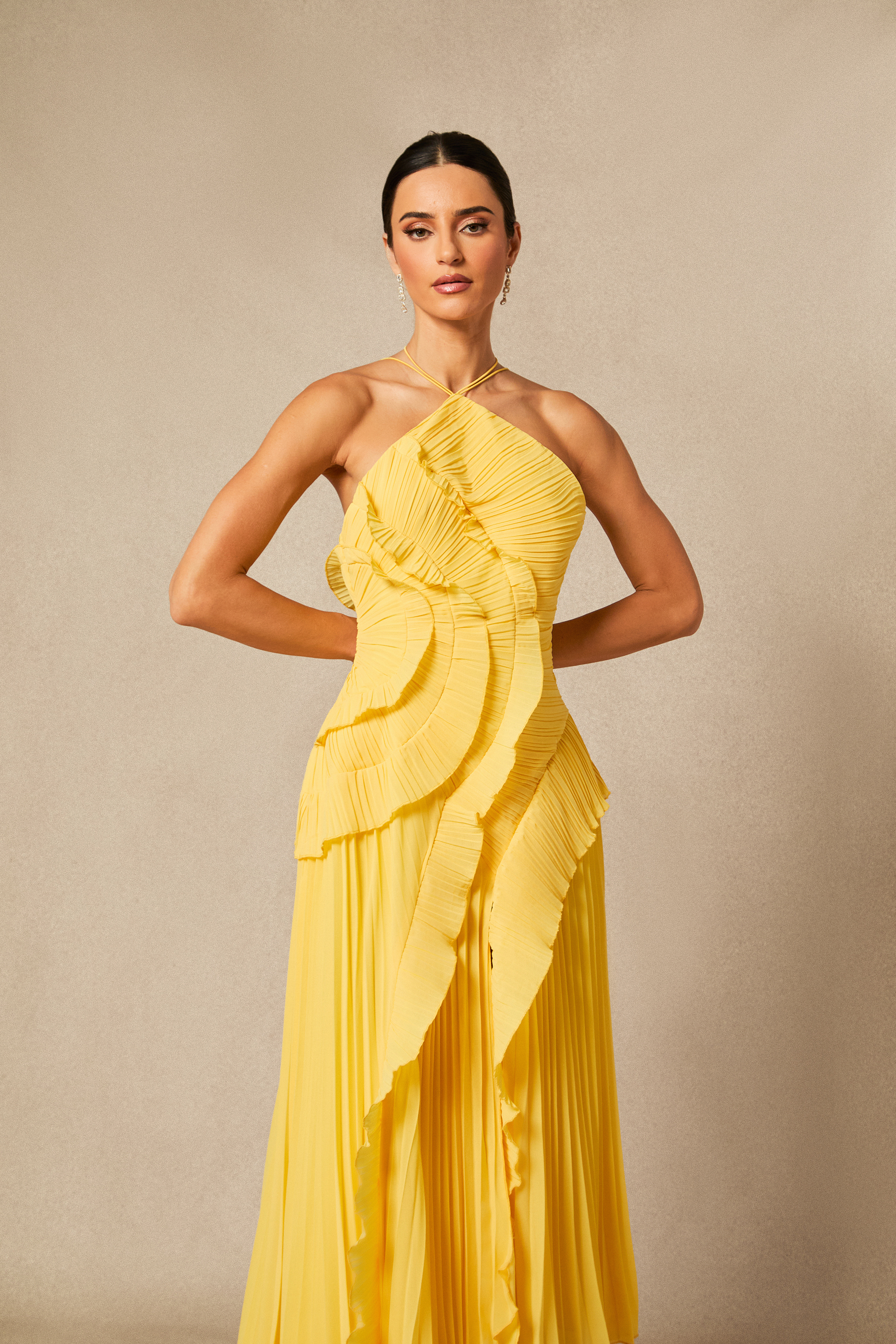 Nina Asymmetry Pleated Halterneck Midi Dress-purelyfable