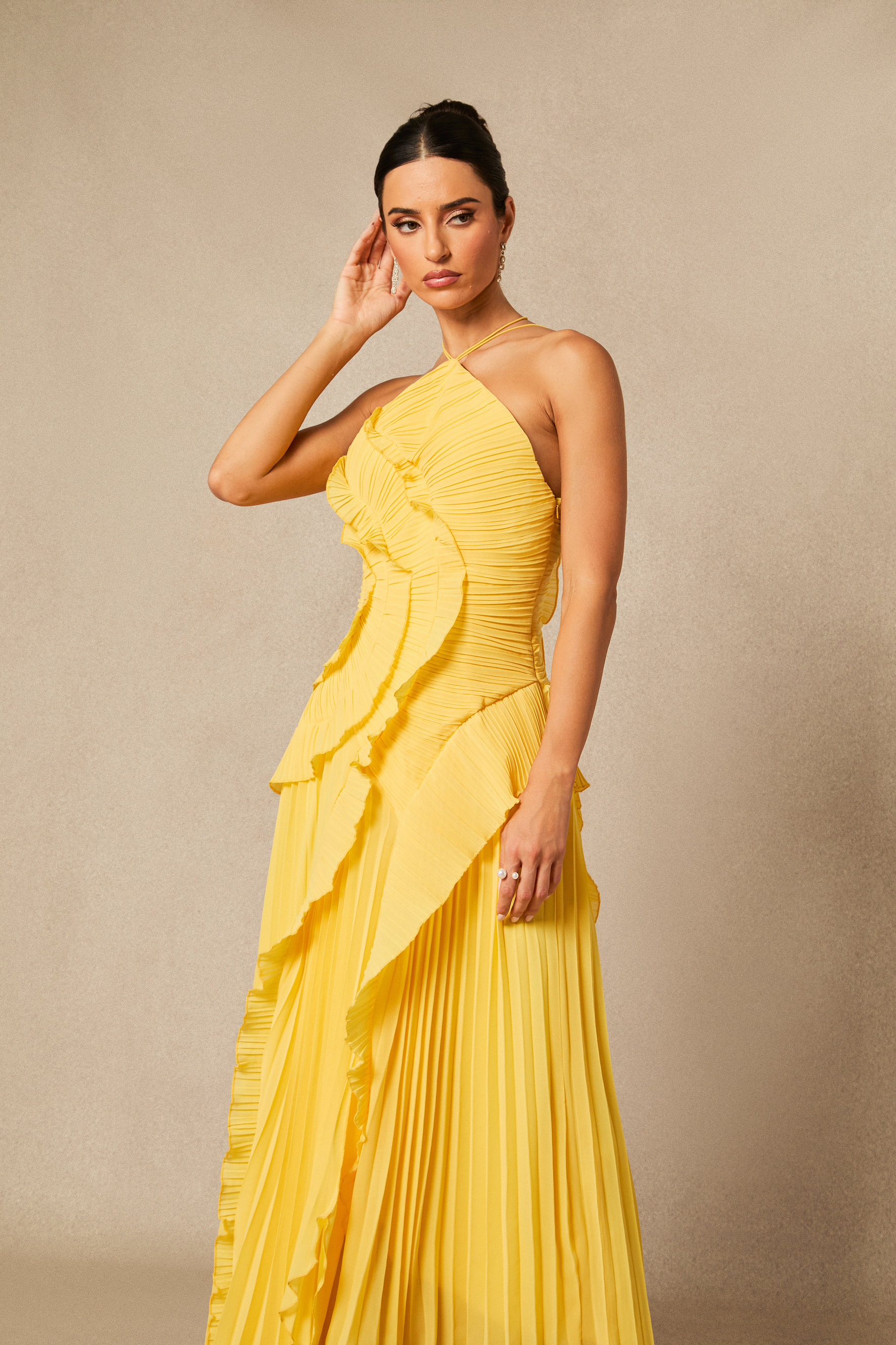 Nina Asymmetry Pleated Halterneck Midi Dress-purelyfable