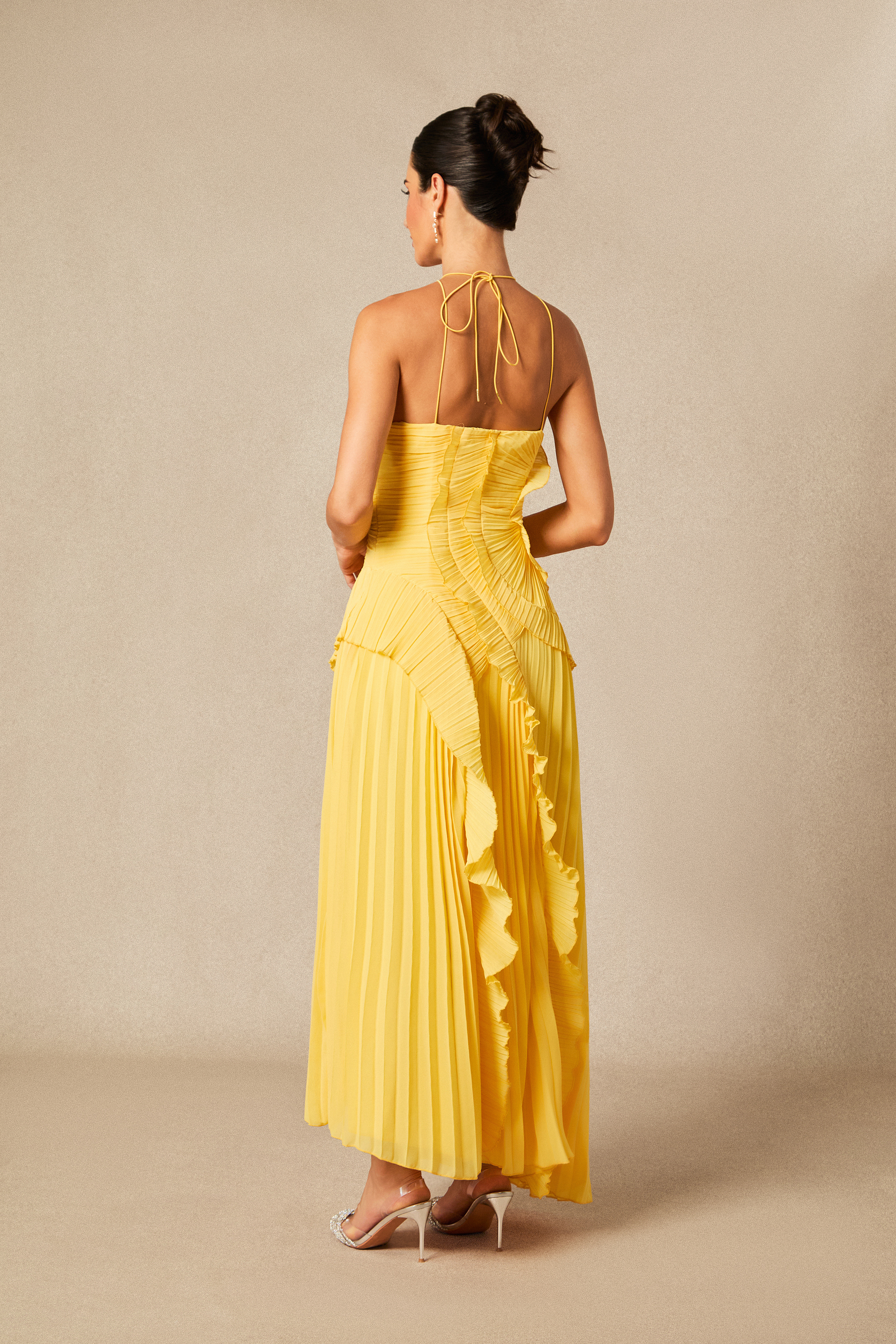 Nina Asymmetry Pleated Halterneck Midi Dress-purelyfable