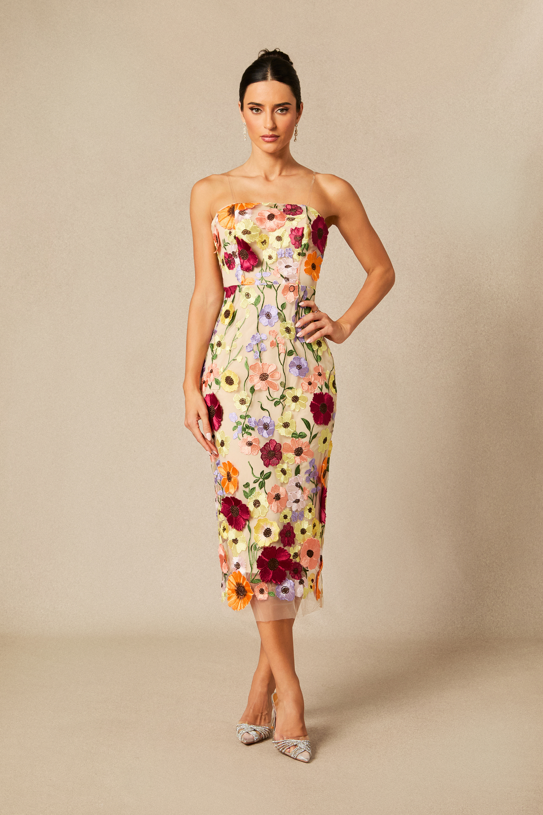 Belle Embroidered Floral Strapless Midi Dress-purelyfable