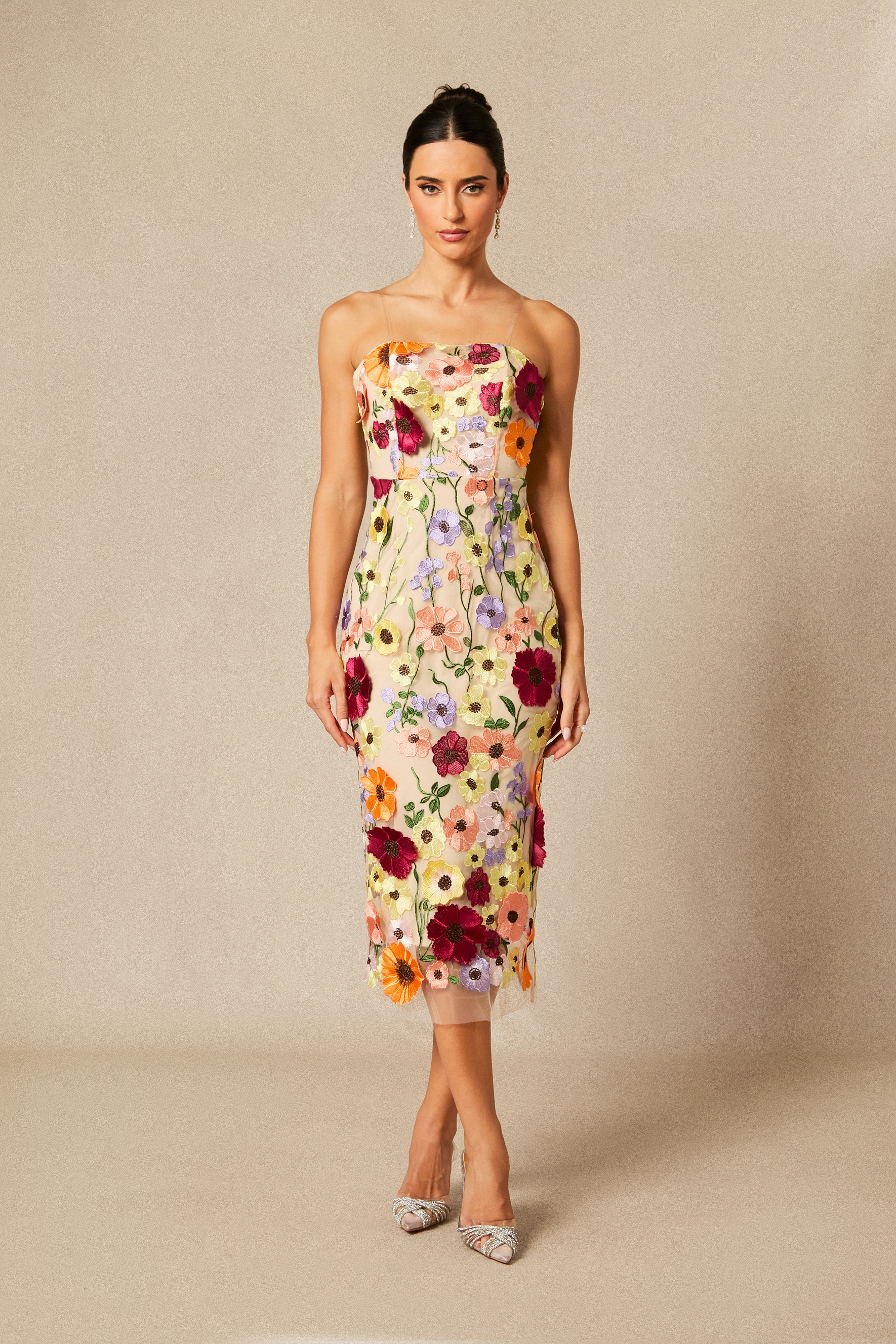 Belle Embroidered Floral Strapless Midi Dress-purelyfable