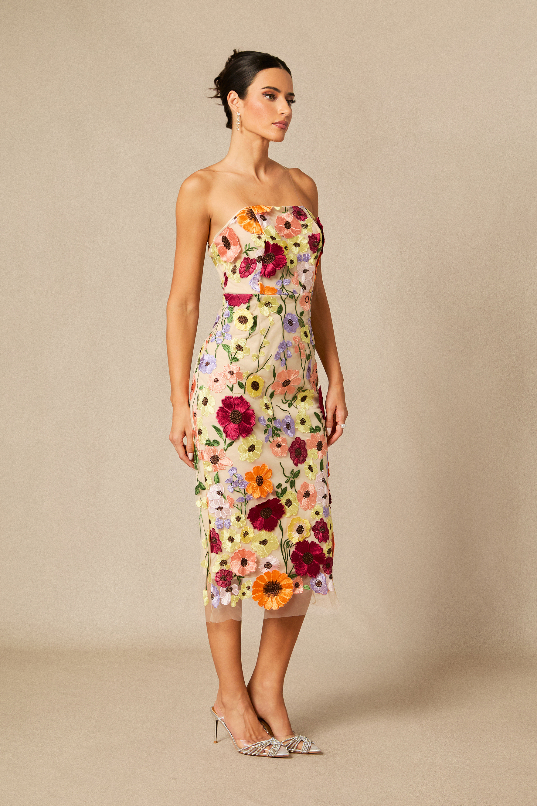 Belle Embroidered Floral Strapless Midi Dress-purelyfable