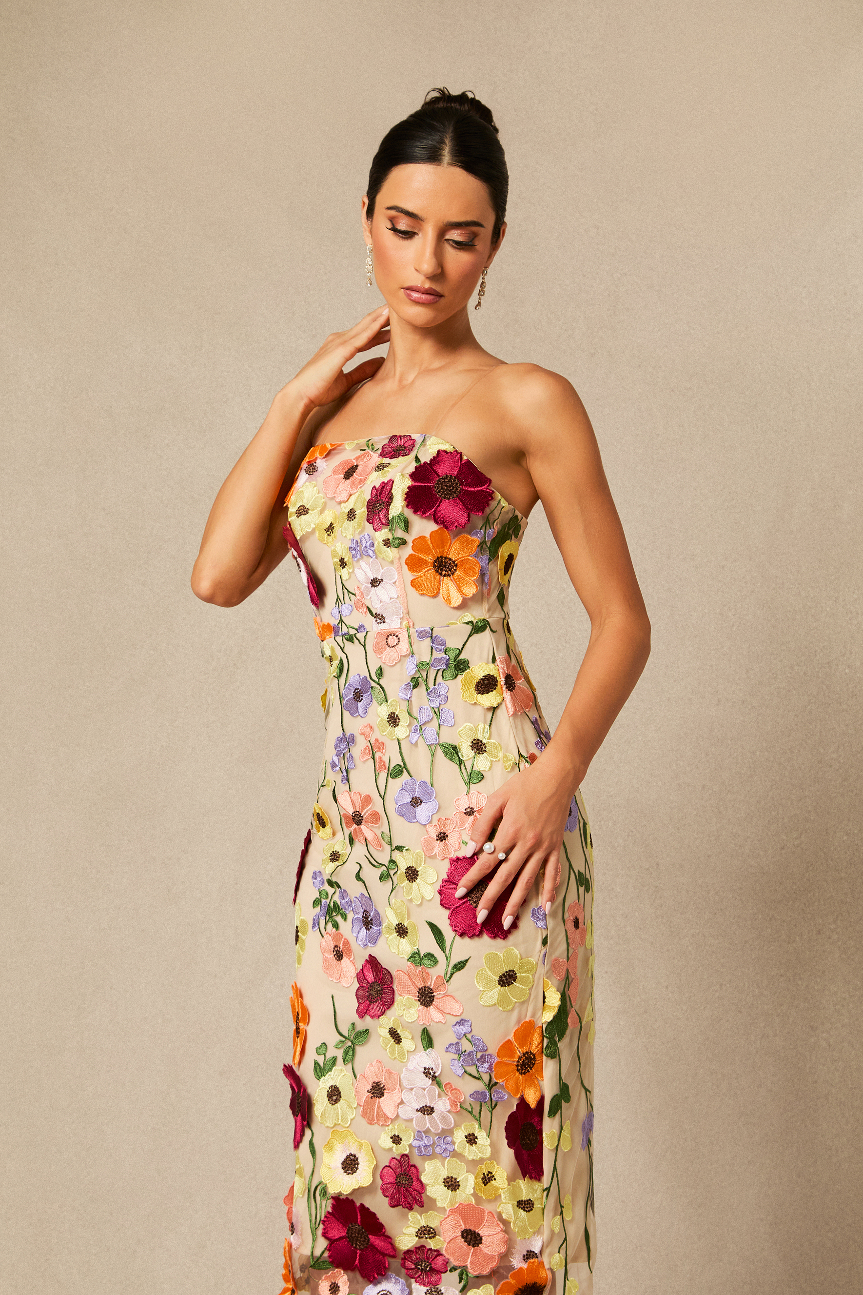 Belle Embroidered Floral Strapless Midi Dress-purelyfable