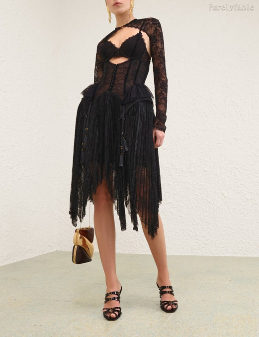 Ariadne Black Long-Sleeved Asymmetrical Midi Dress