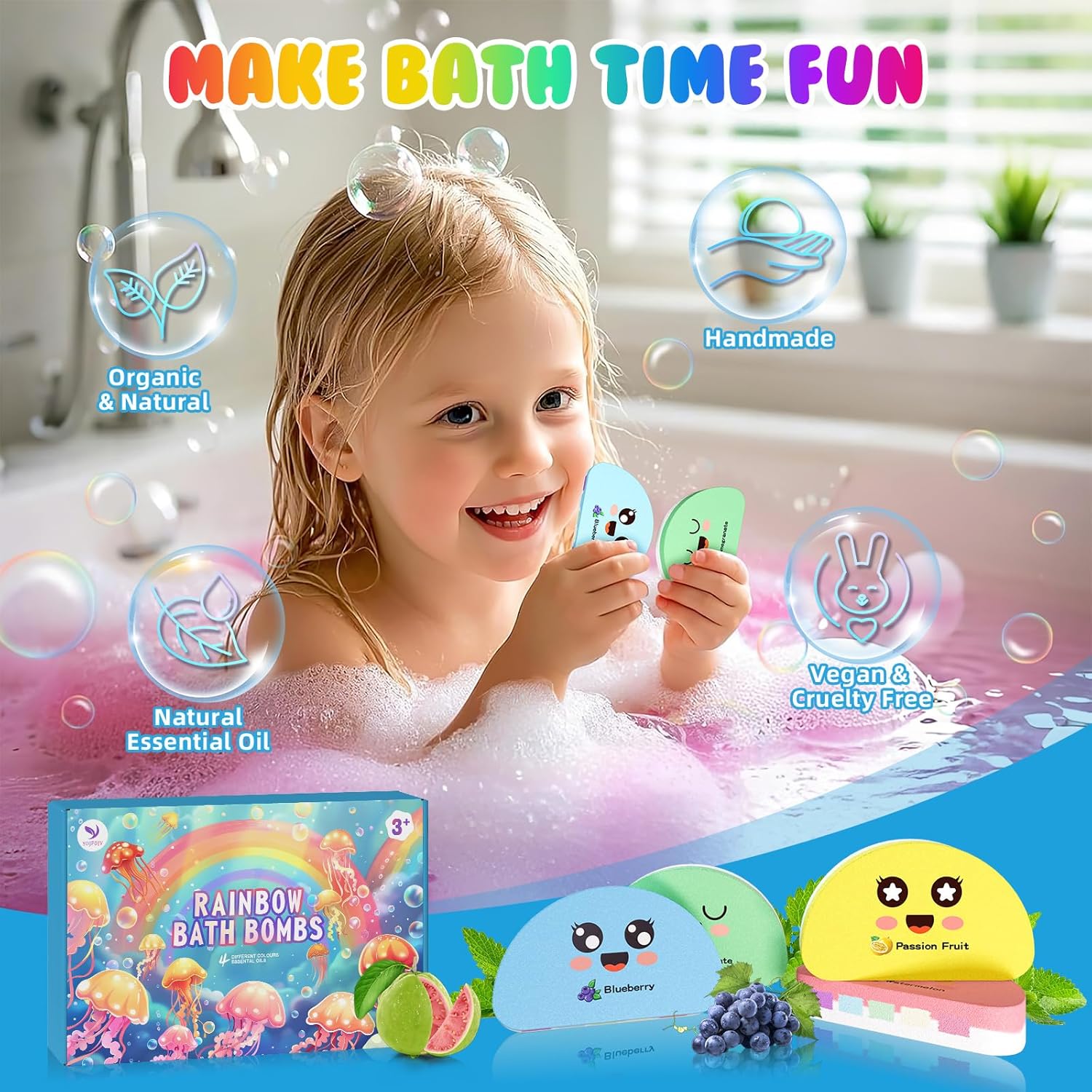 Kids Rainbow Bath Bomb Gift Set – Surprise Toy Inside, Easter Gift (4 Pack)