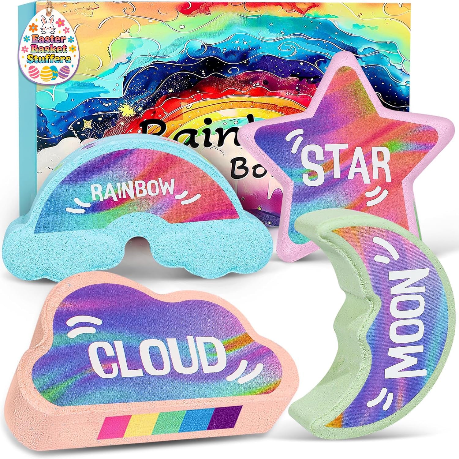 Rainbow Bath Bombs for Kids - 4 Pcs Handmade Natural Kid Bath Bombs, Easter Gifts for Kids, Girls Easter Basket Stuffers, Organic Bubble Bath