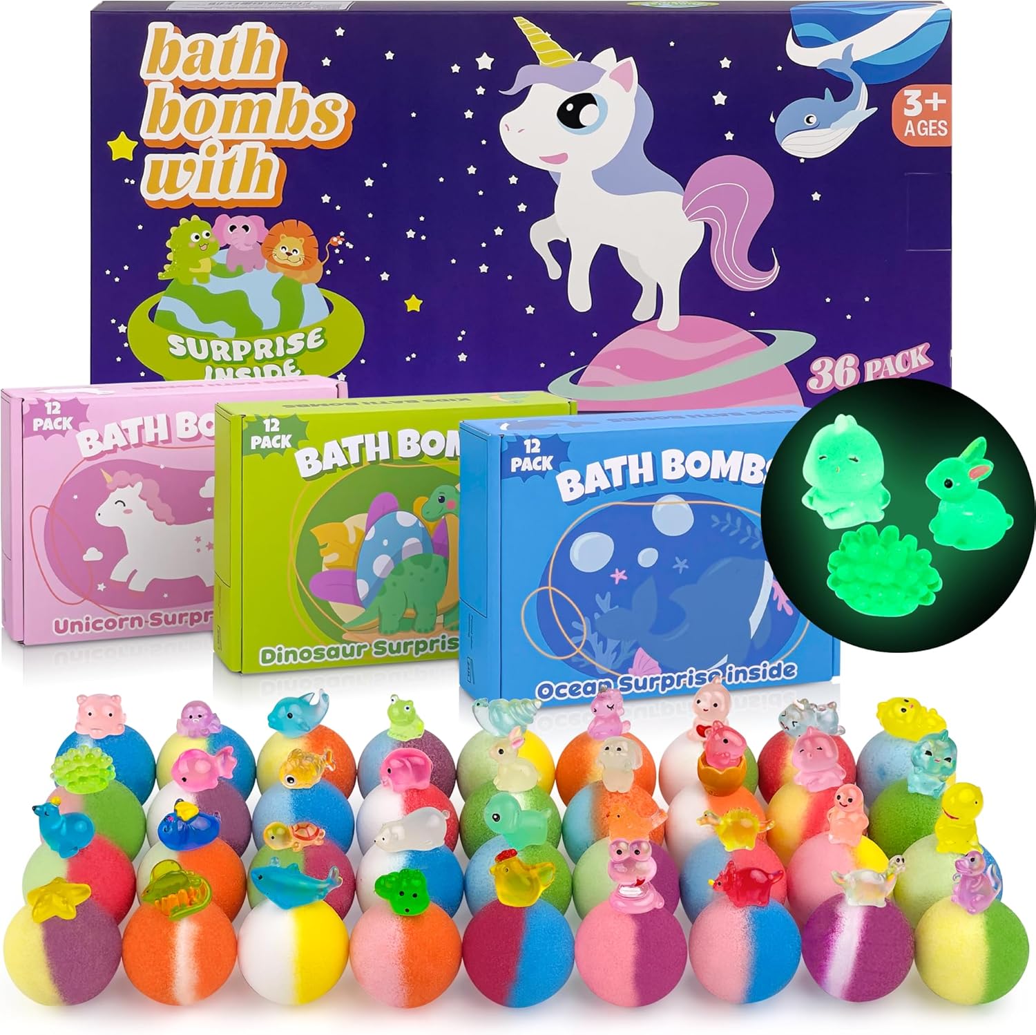 Bath Bombs for Kids with Toy Inside, 36 Pcs Bath Bombs with Glow in The Dark Dinosaur, Animal and Ocean Surprise Inside, Handmade Organic Bubble Bath Ball Gift Set for Birthday, Easter, Christmas