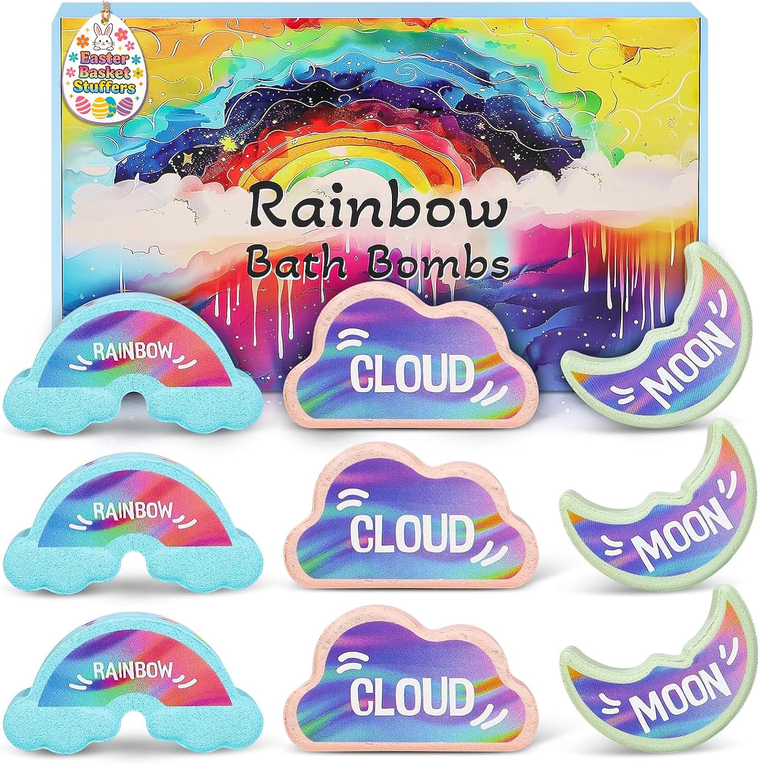 Rainbow Bath Bombs for Kids - 4 Pcs Handmade Natural Kid Bath Bombs, Easter Gifts for Kids, Girls Easter Basket Stuffers, Organic Bubble Bath