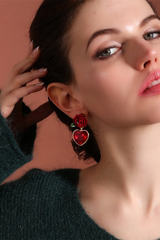 Vintage Rose Heart Drop Earrings-purelyfable