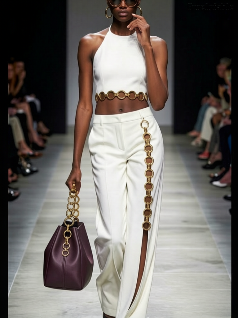Gabriela White Neckline Short Blouse with Slit and Wide Leg Pants Set