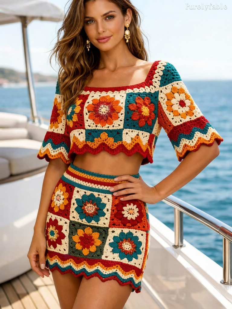 Elodie Color Square Collar Patchwork Crochet Two-Piece Set