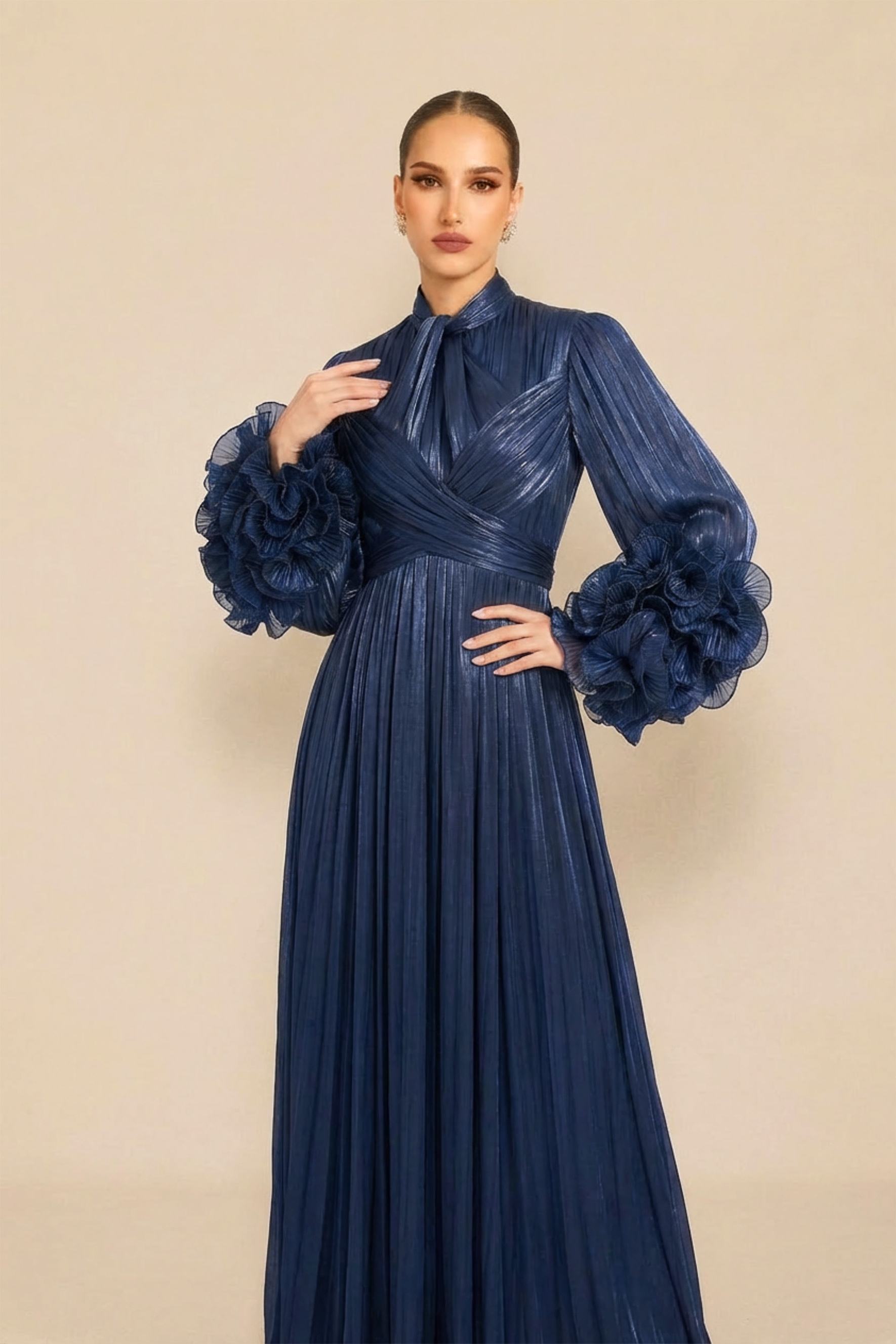 Especially Stunning Dark Blue Floral Cuff Pleated Maxi Dress-purelyfable
