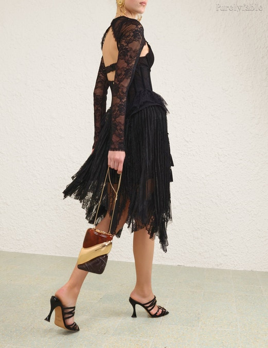 Ariadne Black Long-Sleeved Asymmetrical Midi Dress