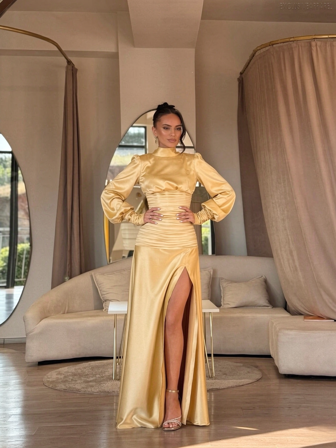 Valentina Golden Bubble Sleeve High Slit Long Dress