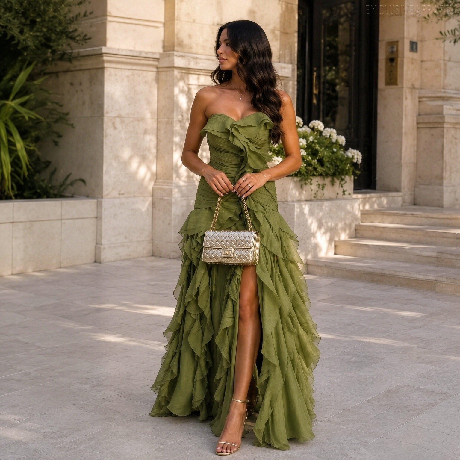 Heidi Green Strapless Frill-Edged V-Neck Dress