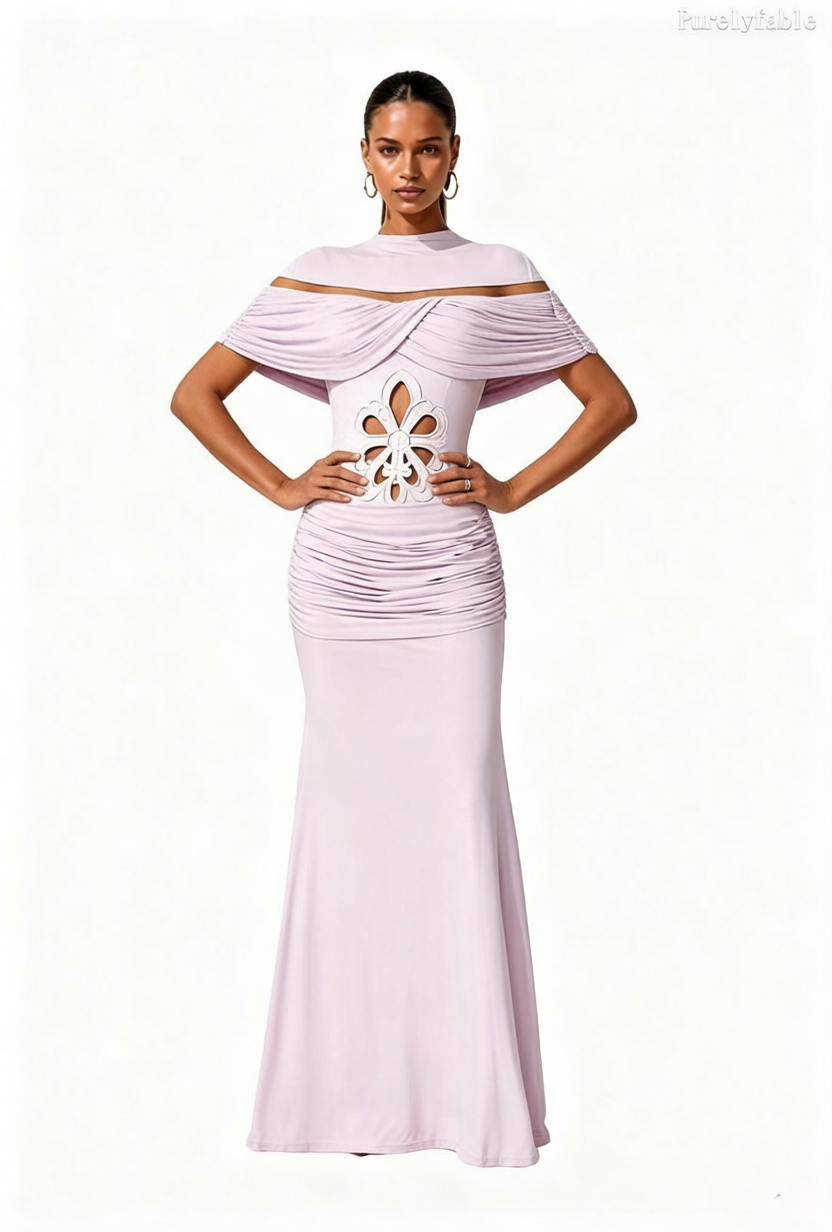 Daphne Pink Off Shoulder Cut Hollow Flower Dress