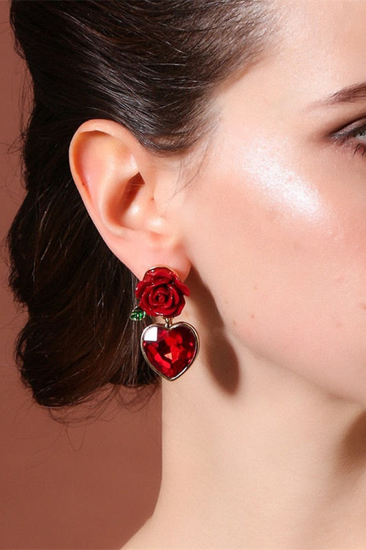 Vintage Rose Heart Drop Earrings-purelyfable