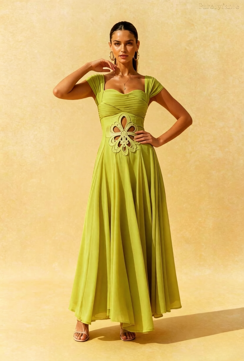 Daphne Green Square Neck Hollow Flower Dress