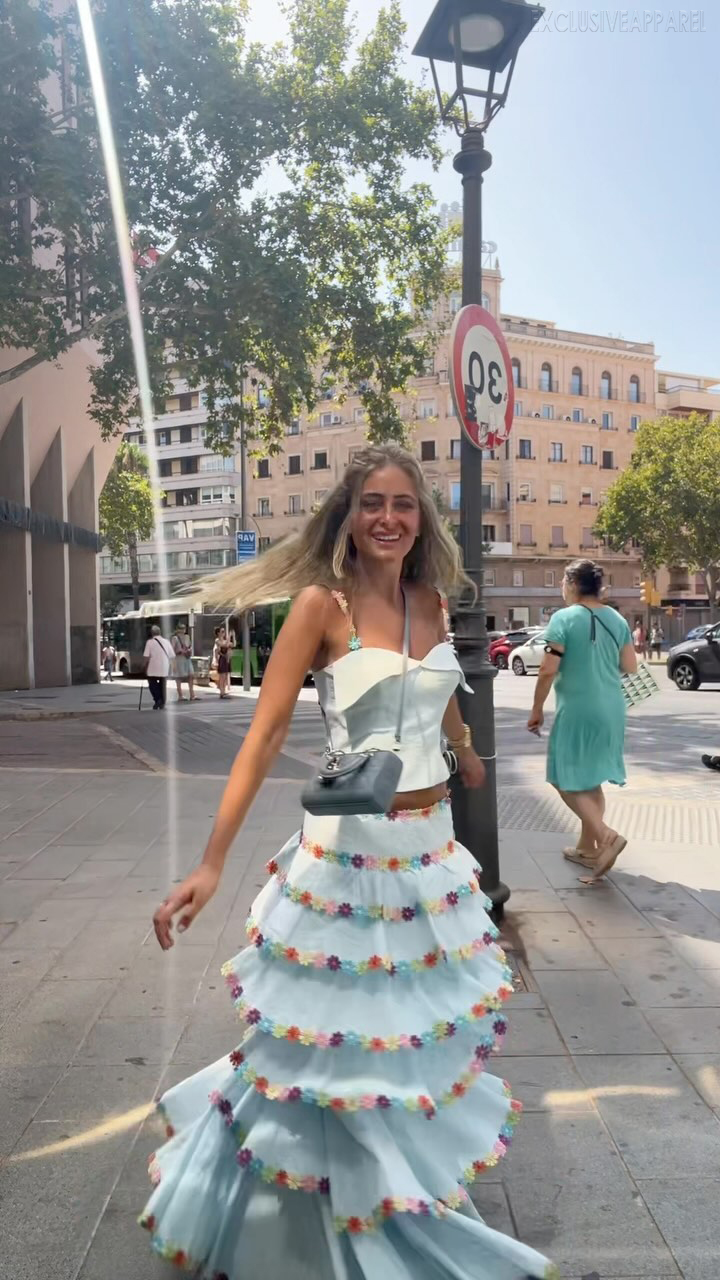 Valentina Blue Striped Layered Skirt Set