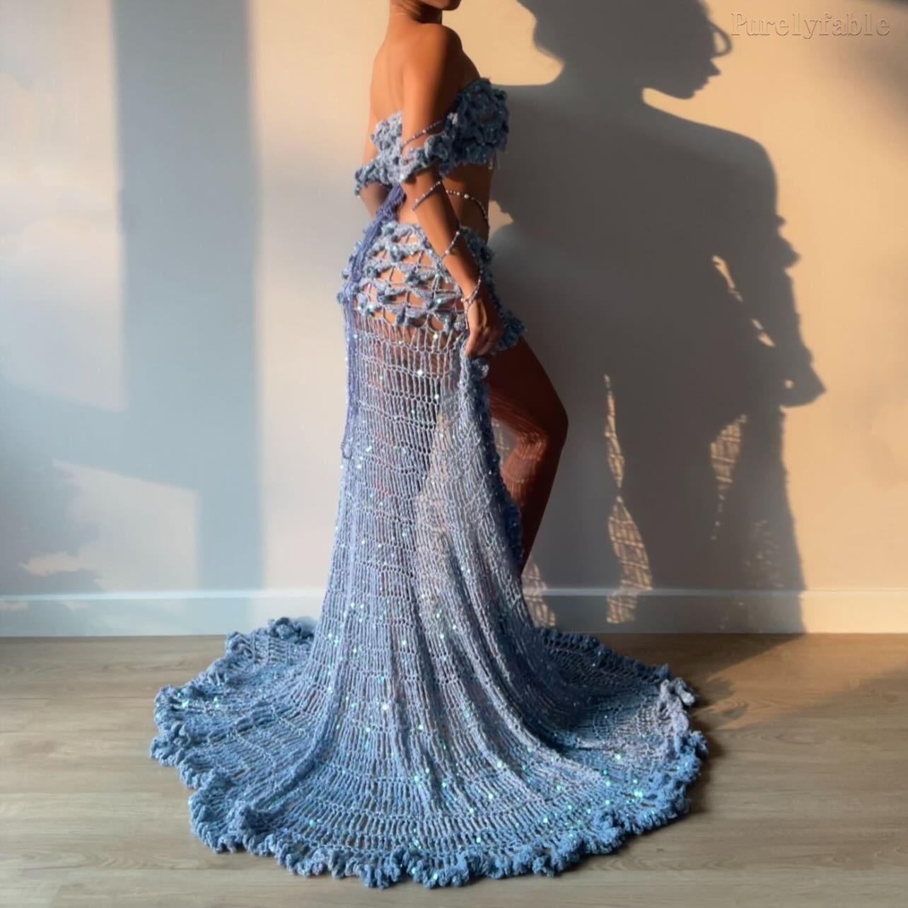 Elora Blue Crochet Sequin Skirt Set