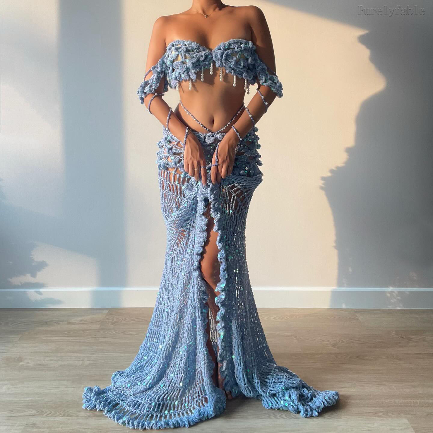 Elora Blue Crochet Sequin Skirt Set