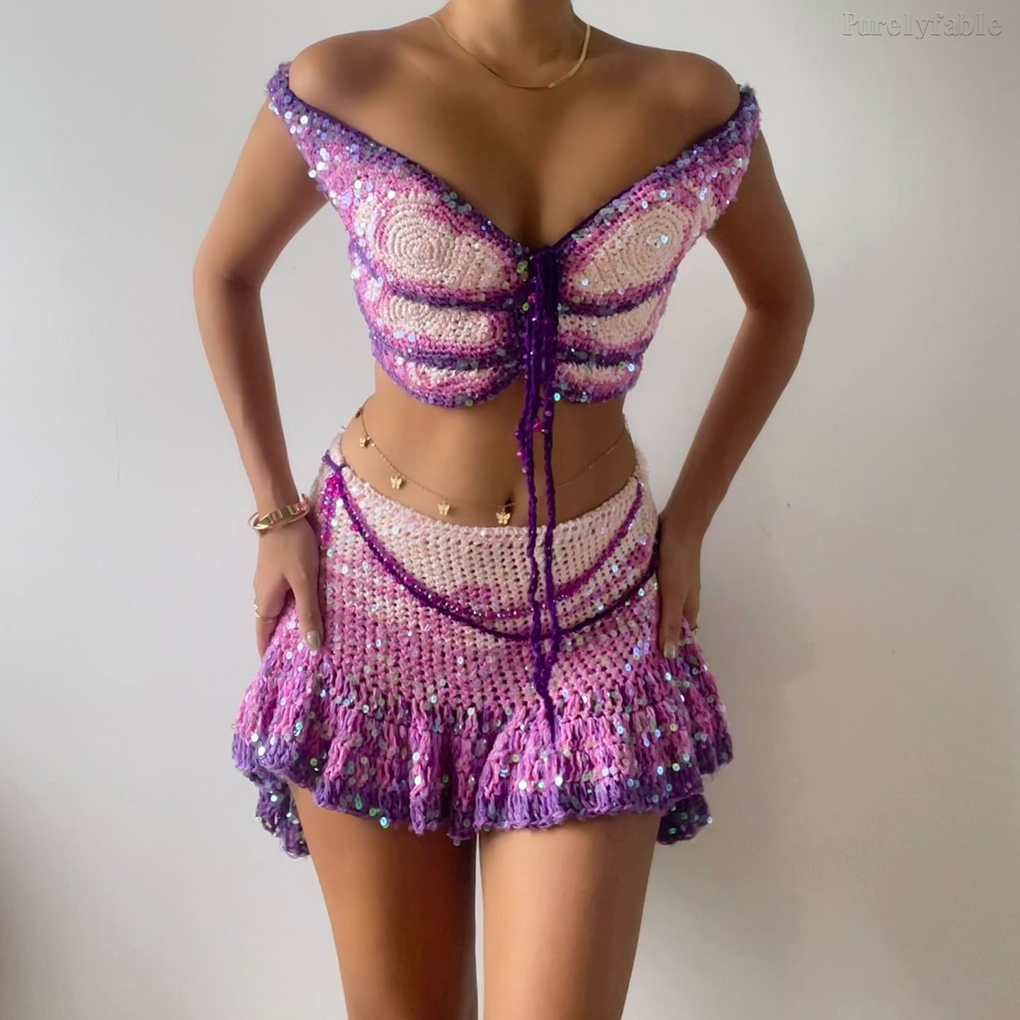 Gracelyn Purple Ombré Butterfly Mini Skirt Set