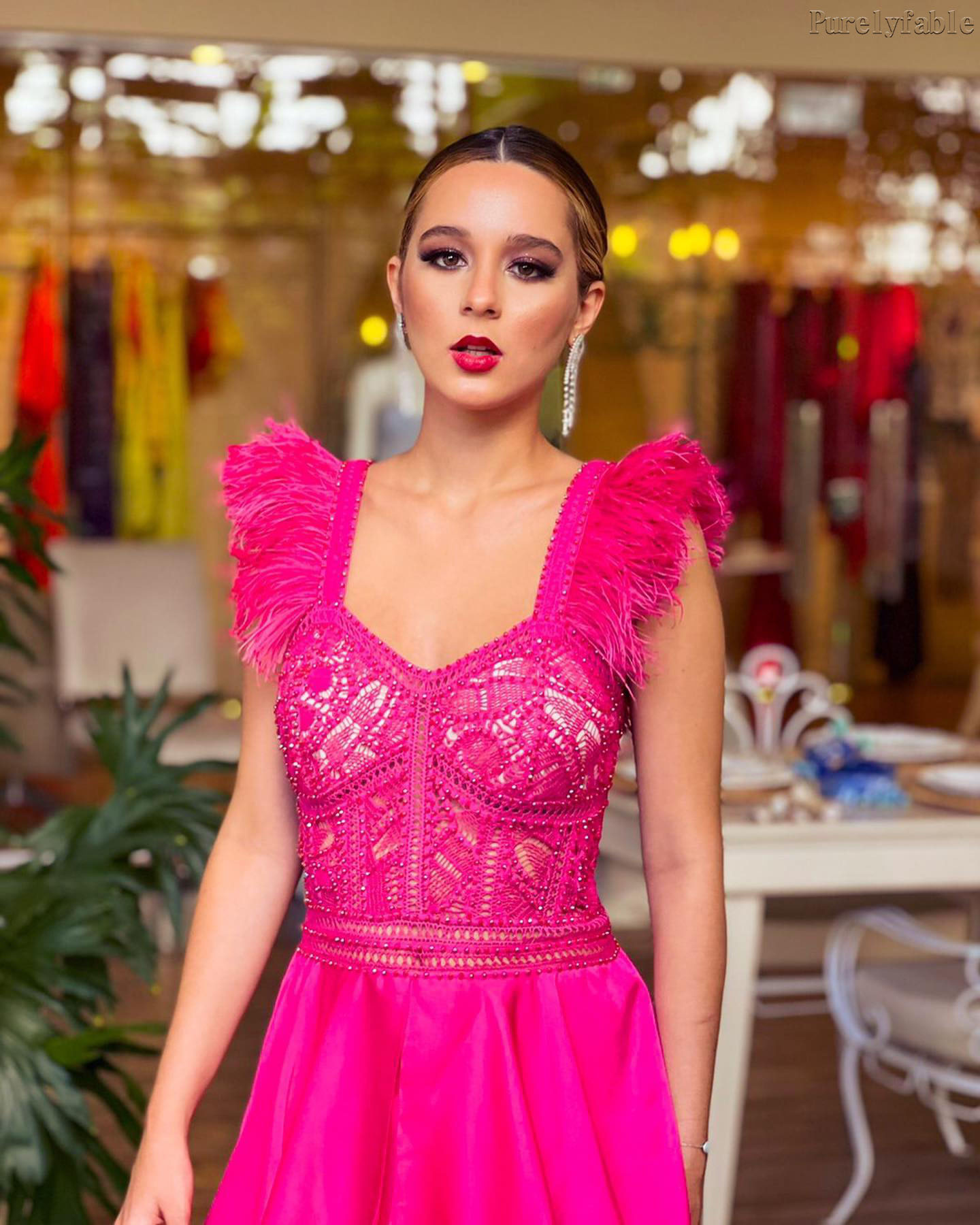 Asha Pink Feathered Shoulder Ruffled Dress