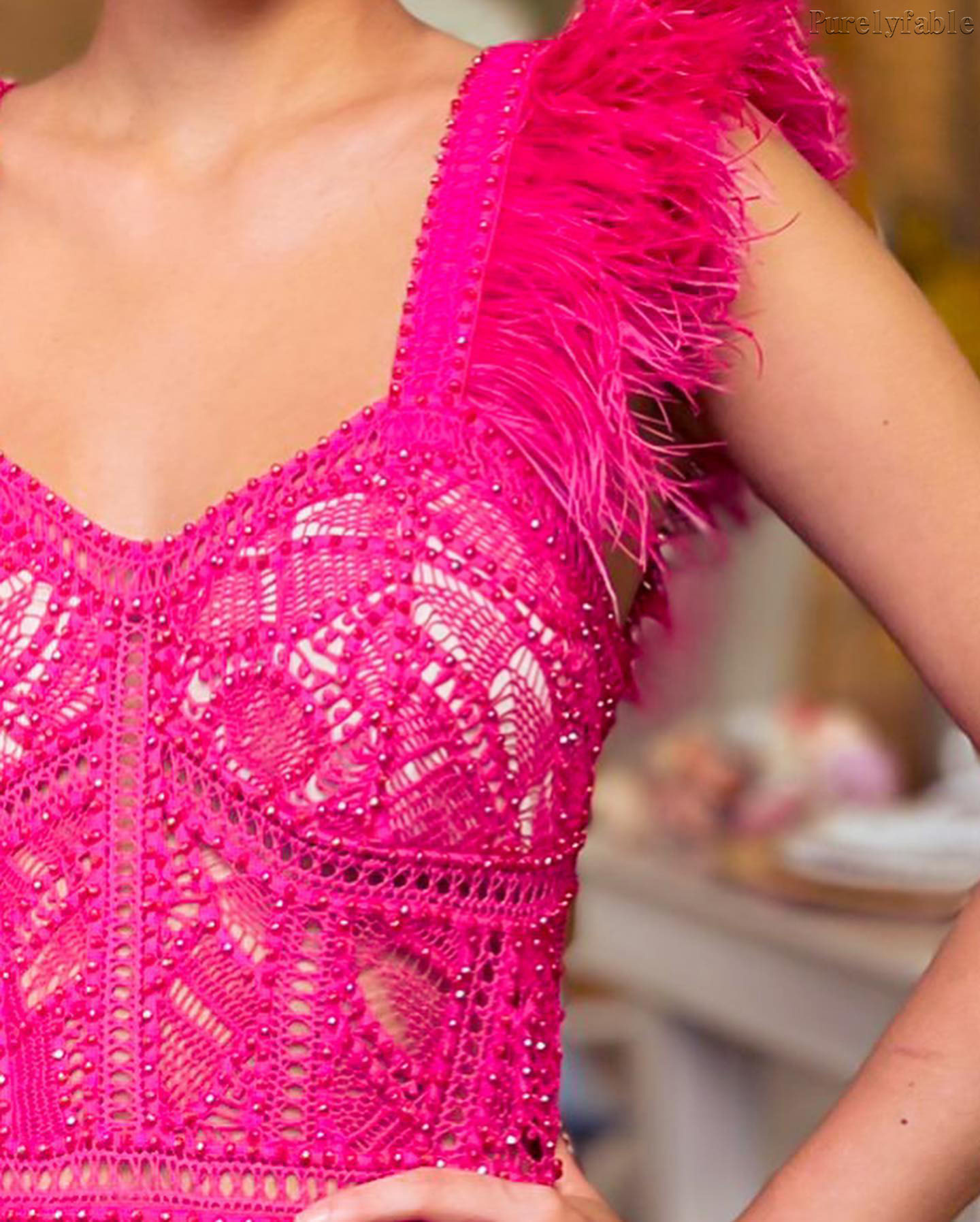 Asha Pink Feathered Shoulder Ruffled Dress
