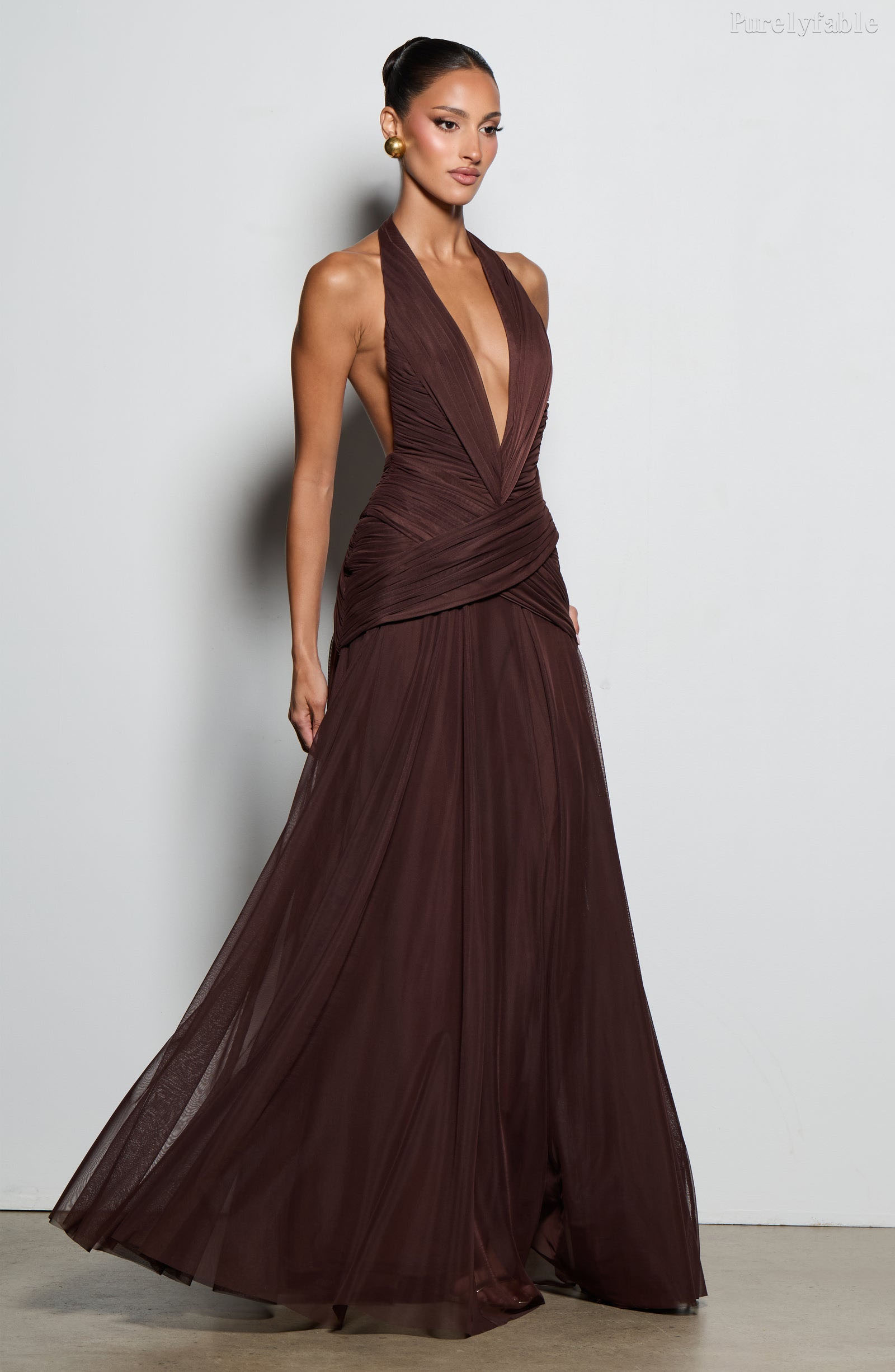 Rebecca Brown Neck Hanging Deep V-Mesh Long Dress