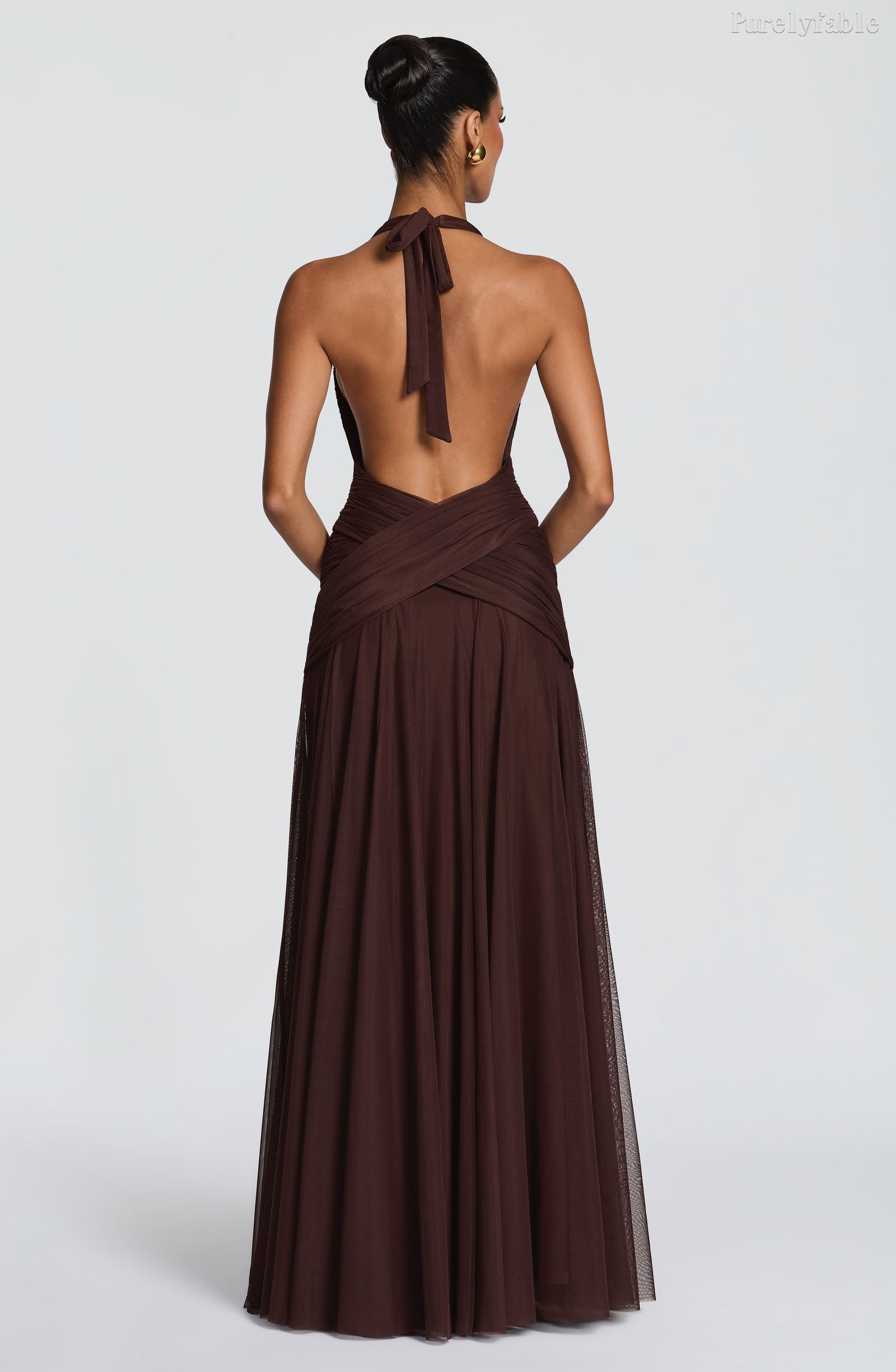 Rebecca Brown Neck Hanging Deep V-Mesh Long Dress