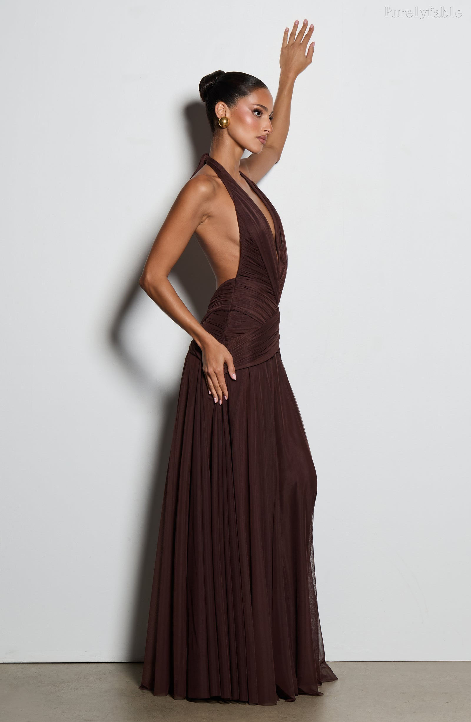 Rebecca Brown Neck Hanging Deep V-Mesh Long Dress