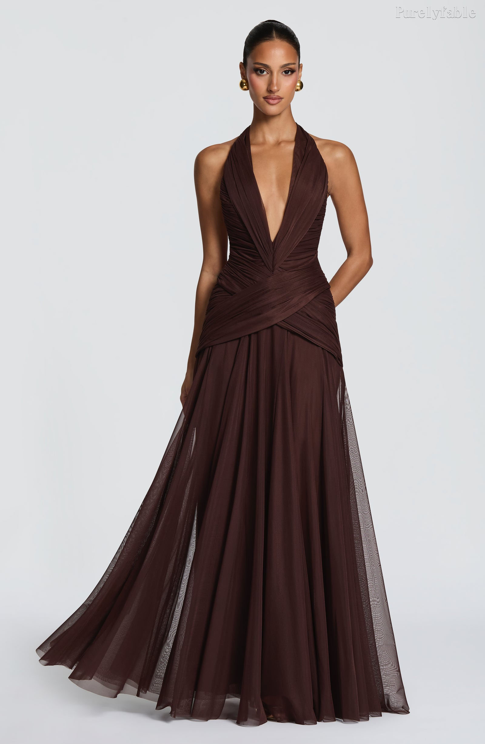 Rebecca Brown Neck Hanging Deep V-Mesh Long Dress