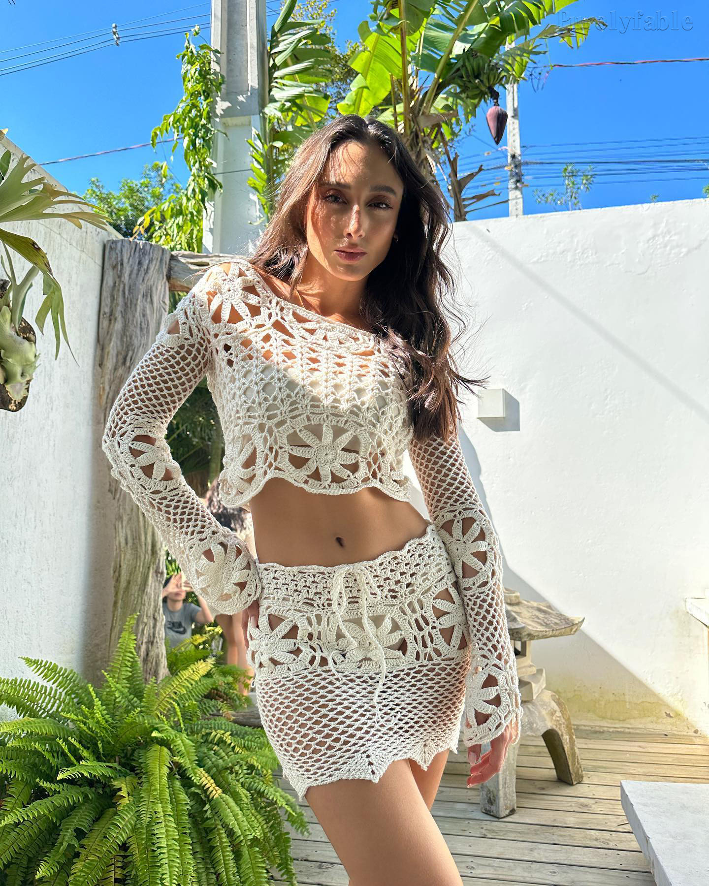 Alina White Floral Hollowed Out Short Top And Skirt Two-Piece Set