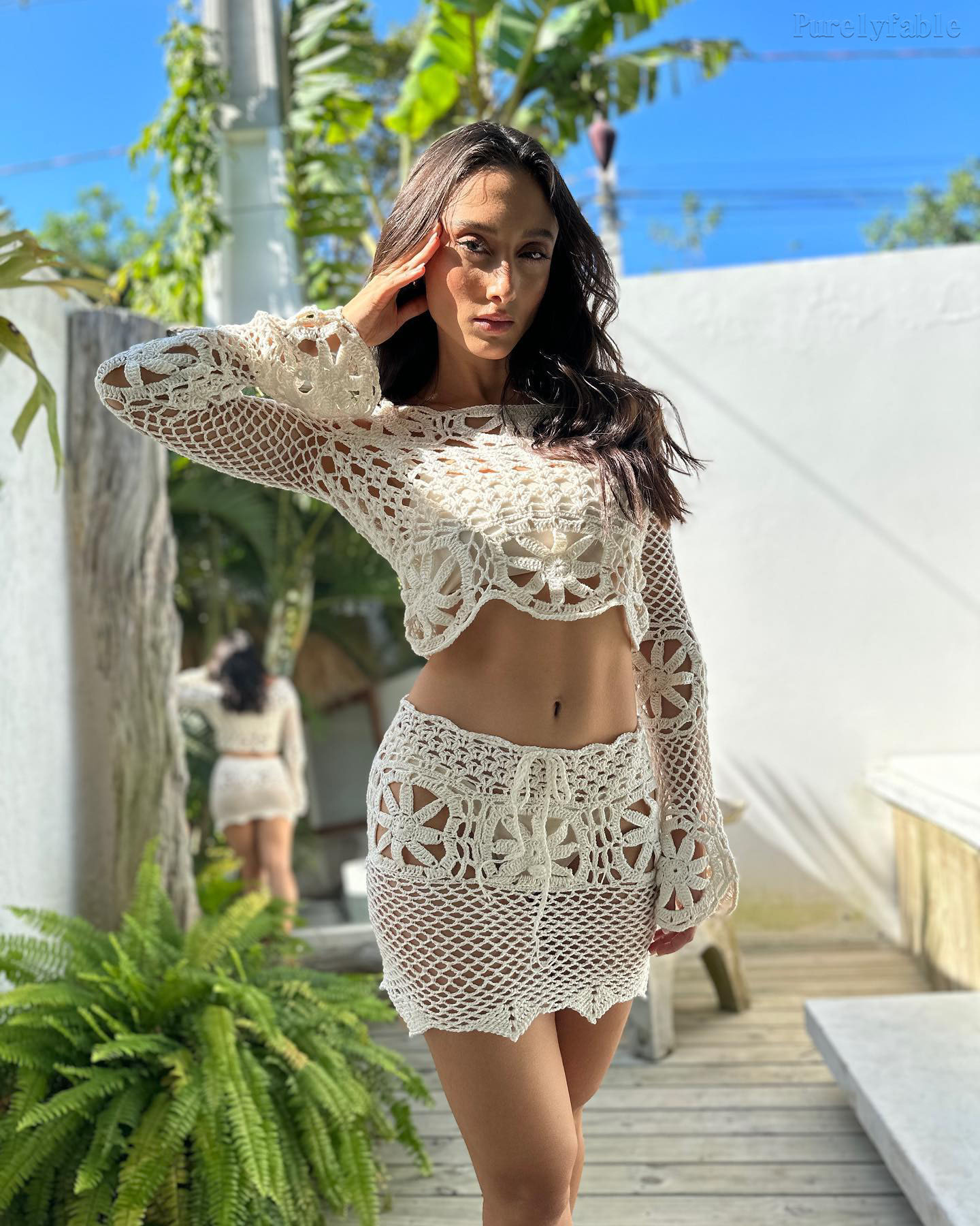 Alina White Floral Hollowed Out Short Top And Skirt Two-Piece Set