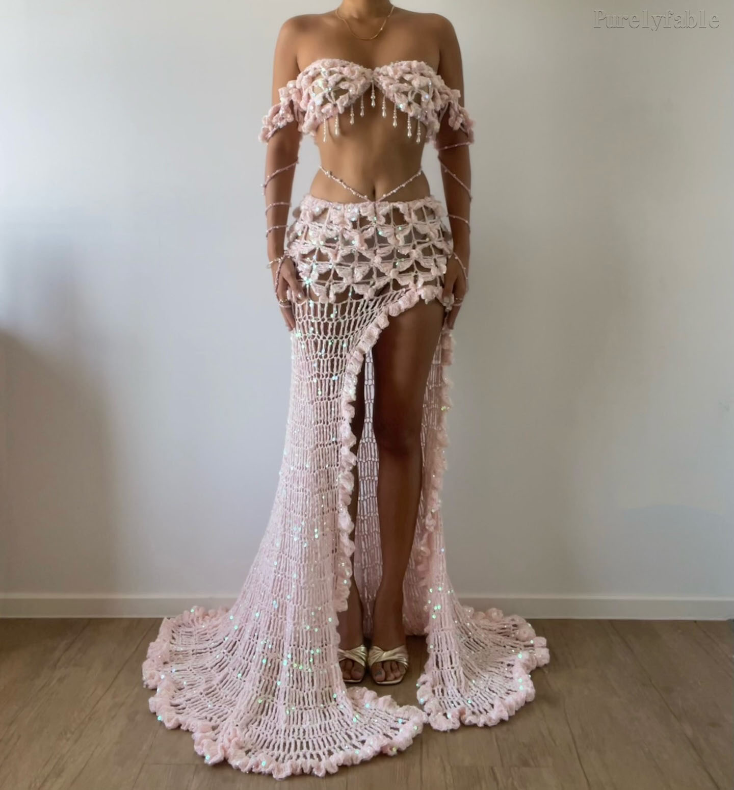 Nadira Light Pink Off-Shoulder Crochet Skirt Set