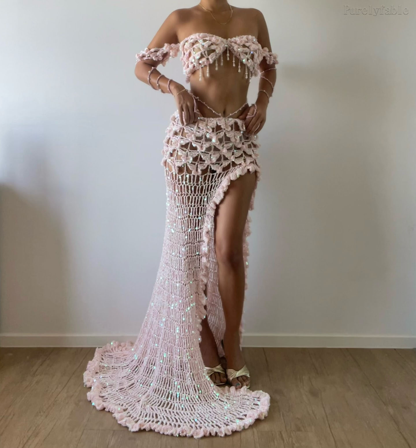 Nadira Light Pink Off-Shoulder Crochet Skirt Set