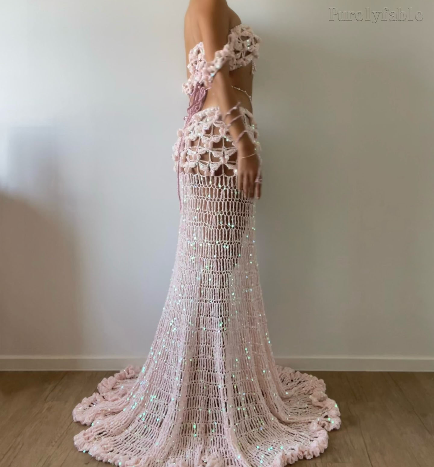 Nadira Light Pink Off-Shoulder Crochet Skirt Set