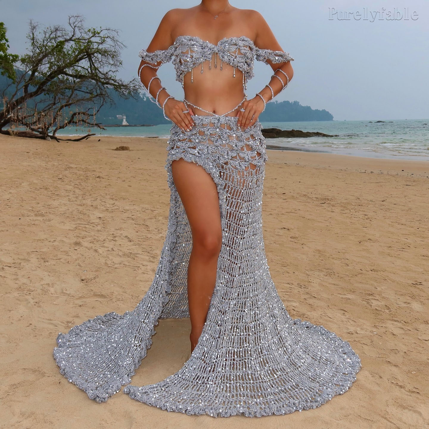 Paloma Silver Crochet Slit Skirt Set