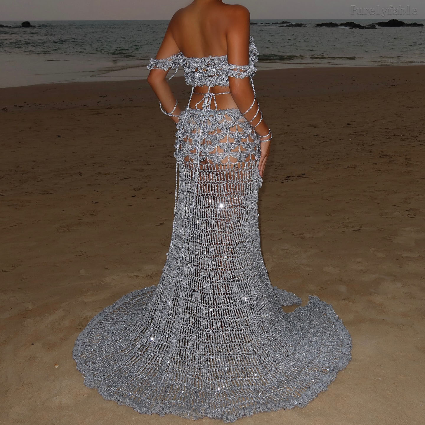 Paloma Silver Crochet Slit Skirt Set