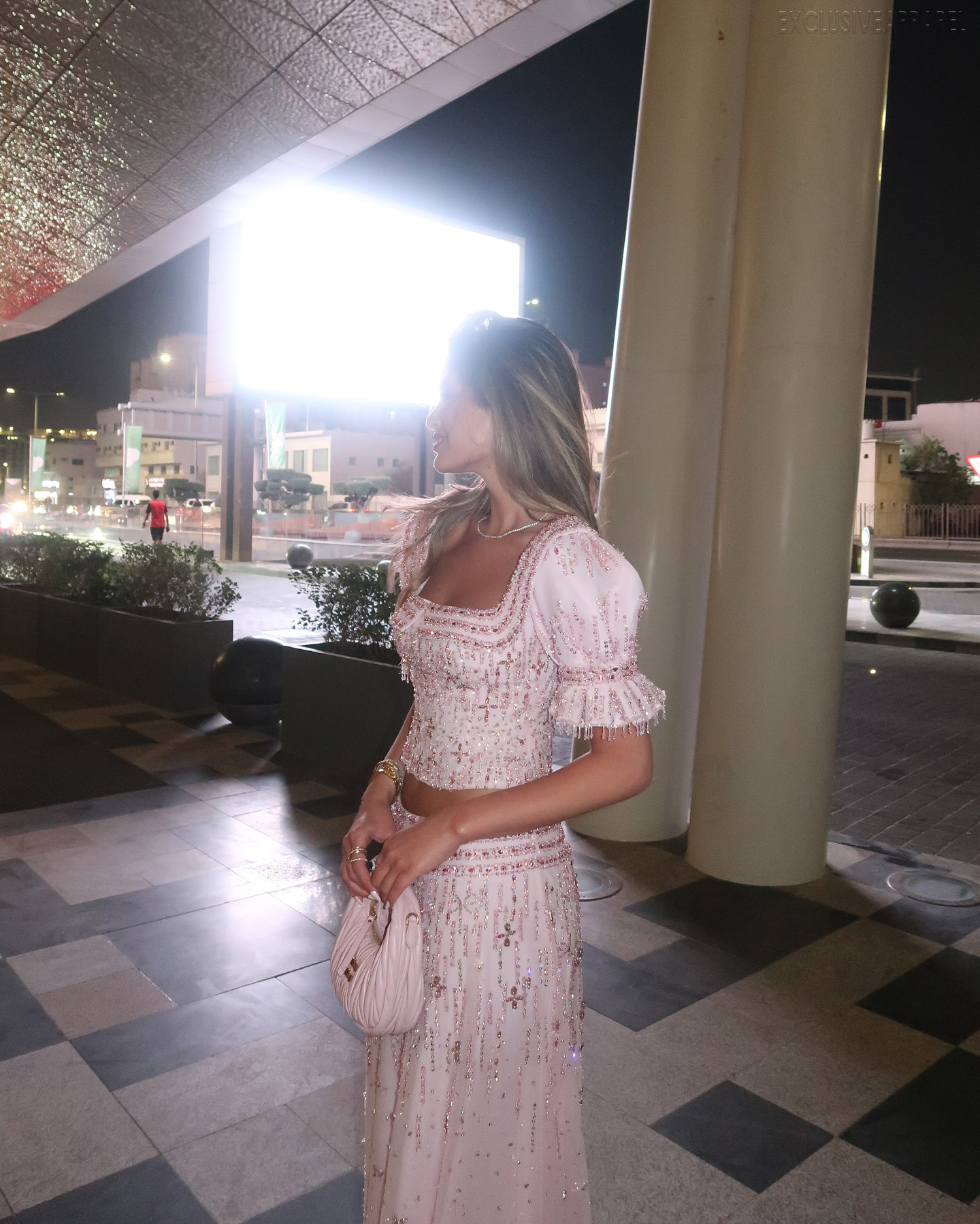 Penelope Pink Square-neck Bubble Short-Sleeve Dress Set