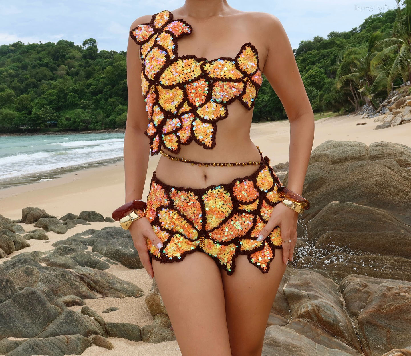 Aria Orange One-Shoulder Structured Mini Skirt Two-Piece Set