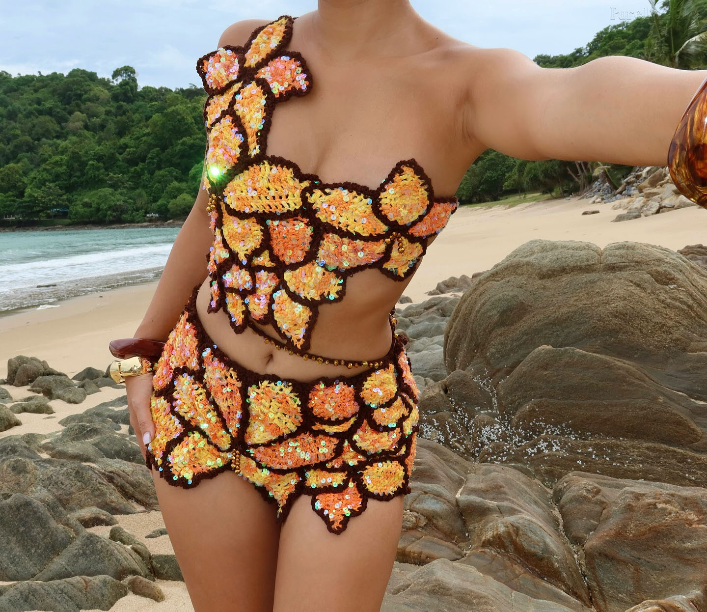 Aria Orange One-Shoulder Structured Mini Skirt Two-Piece Set