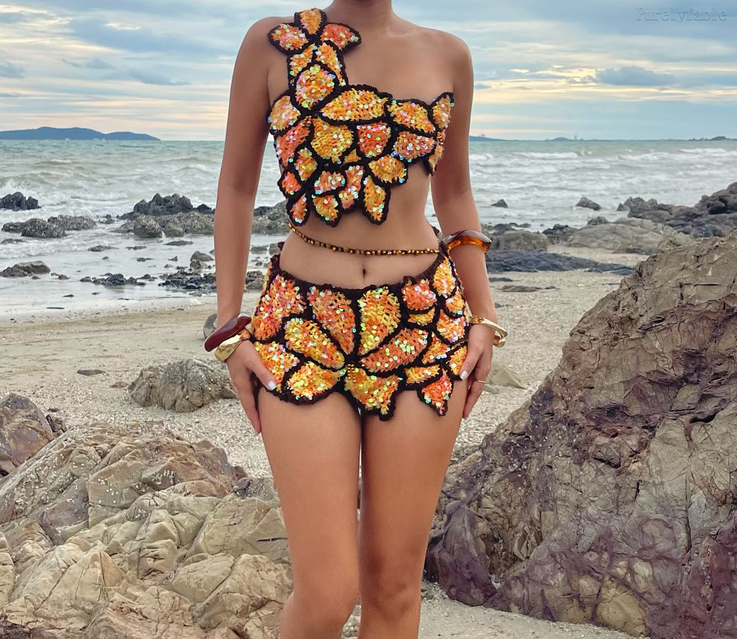 Aria Orange One-Shoulder Structured Mini Skirt Two-Piece Set