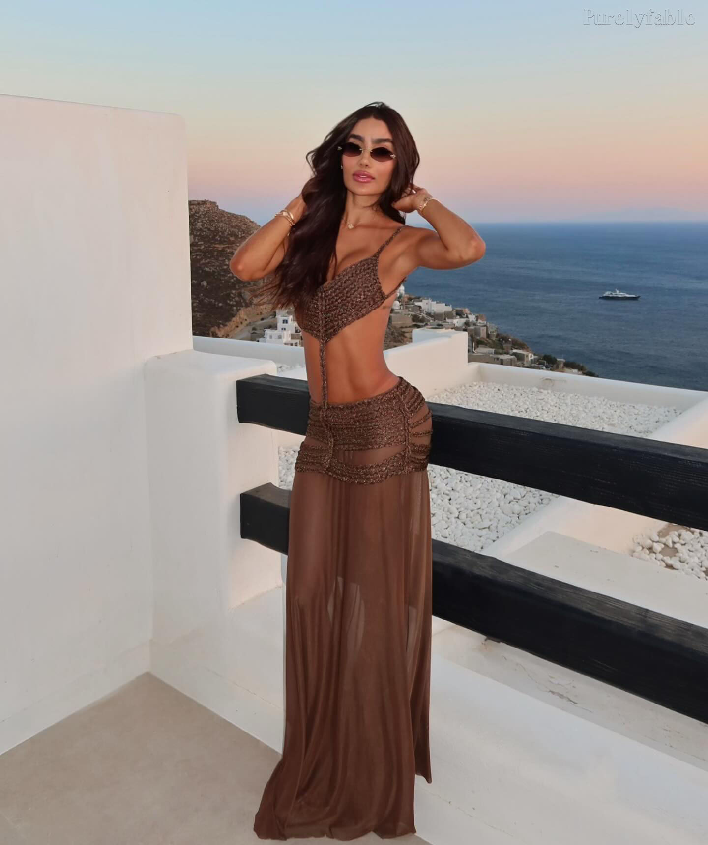 Salma Brown Fine Strap Hollow Mesh Long Set