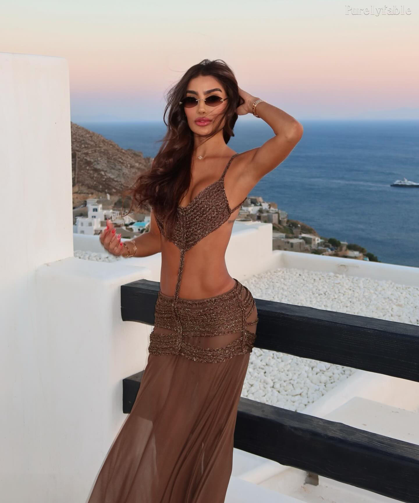 Salma Brown Fine Strap Hollow Mesh Long Set