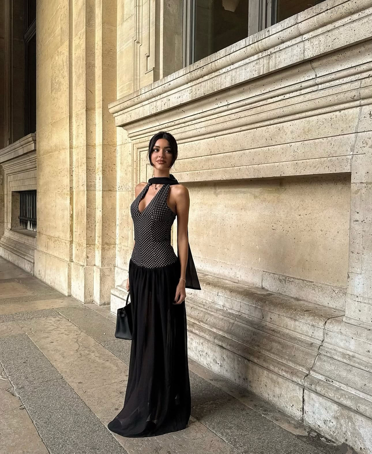  Evaline Black Halter Deep V Long Dress